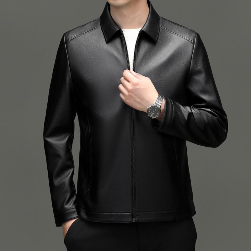 Haining leather jacket men's lapel leather jacket autumn and winter new men's clothing middle-aged and young business casual zipper leather jacke