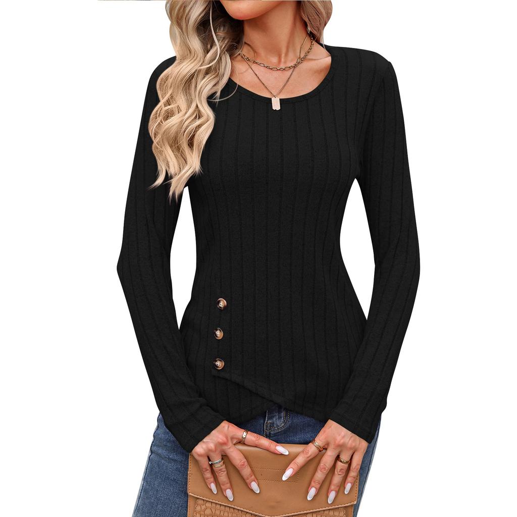 Women's Autumn and Winter Waist Cinched Round Neck Tight Long Sleeved Top