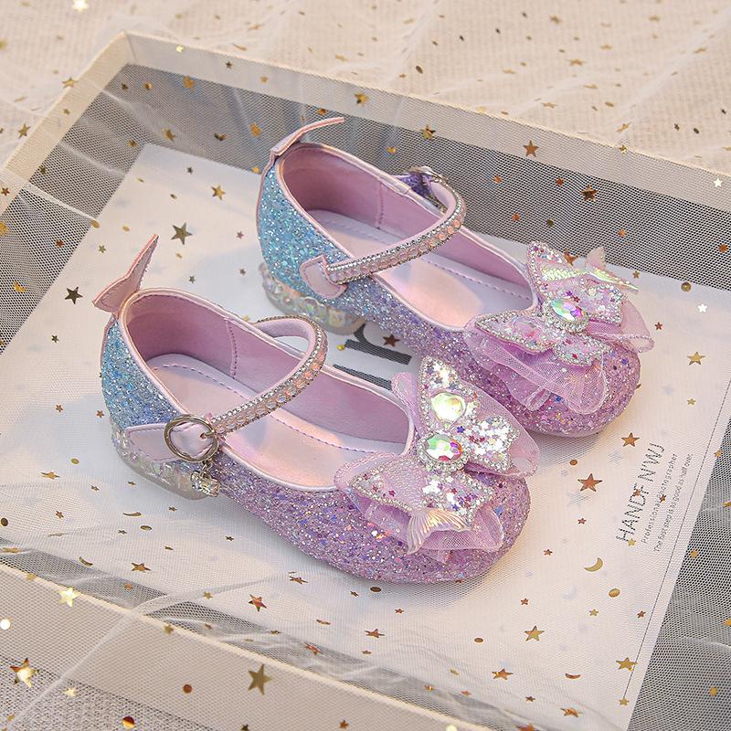 2026 New Spring Little Girls' Crystal Princess Leather High Heels