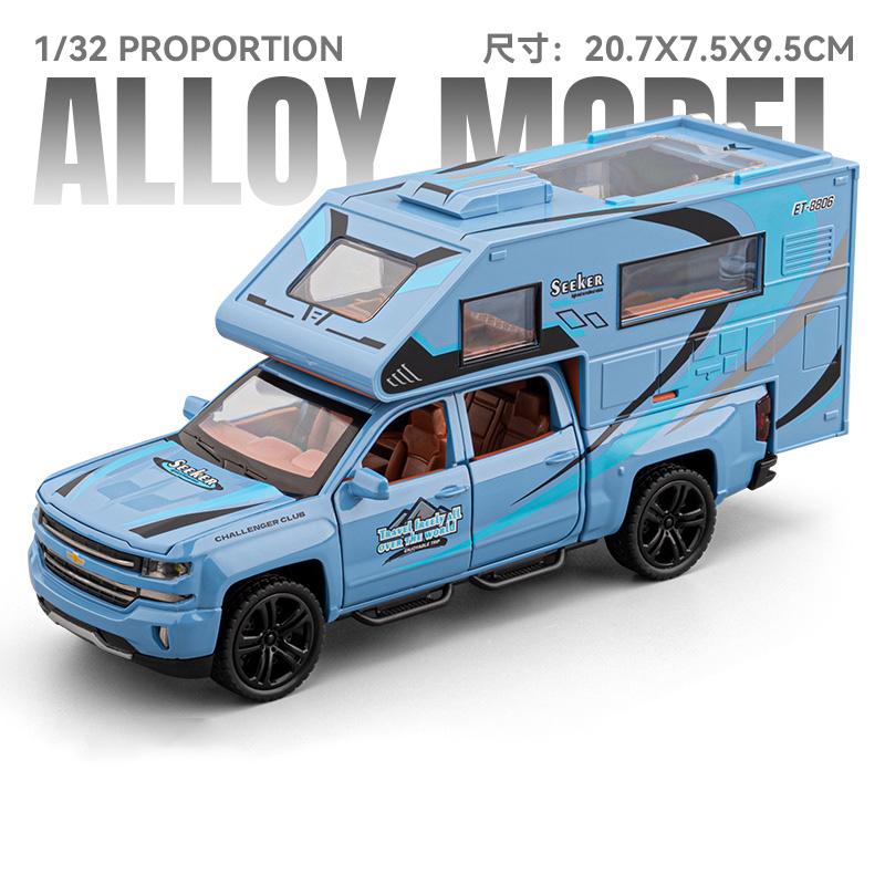 1/32 Silverado Pickup RV Recreational Car Model Diecast Camper Van Motorhome Touring Vehicles Car Model Sound Light Kid Toy Gift