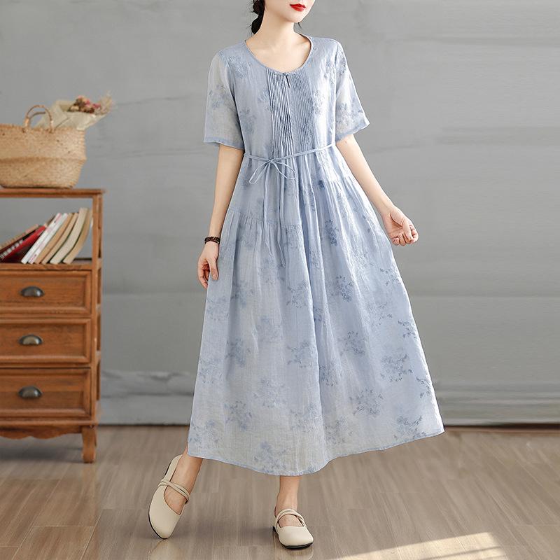 

Summer Cotton Linen Belted Mid-Length Dress - Lightweight, Breathable, Large Hem, Short Sleeves, Round Neck Large светло-синий