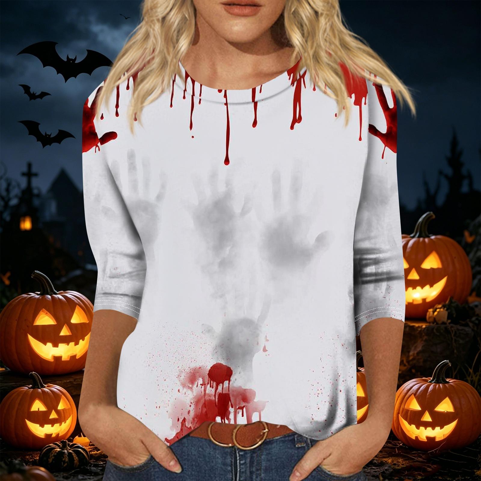Women s Halloween Printed Three-Quarter Sleeve Round Neck Loose Fit Casual Shirt S