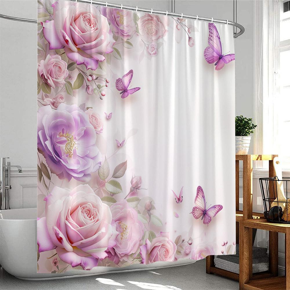 Butterfly Floral Shower Curtain Rose Flowers Plant Botanical Bathroom Decor Elegant Polyester Fabric Bath Curtain with Hook