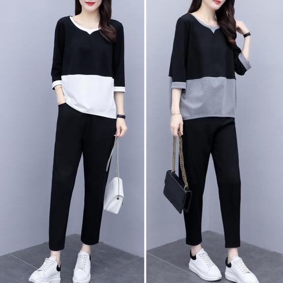 

2 шт./компл., женская футболка, комплект брюк, спортивный костюм, цветной блок, круглый вырез, верхняя часть с половиной рукава, эластичная талия, длинные брюки, повседневный топ, брюки, спортивный костюм