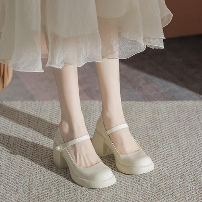 

Мода 2025 Нові Перли на середніх підборах Круглий носок Квадратний Готичний Мері Джейн Японський стиль Лоліта Жіноче взуття Жіночі туфлі 39 білий