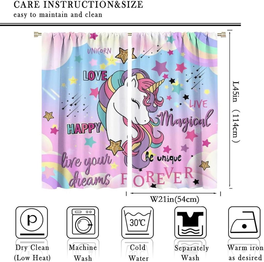 Unicorn Curtains Kids Room Colorful Cute Cartoon Rainbow Clouds Stars Print Window Treatments Drapes Curtain With Rod Pocket Polyester Perfect For