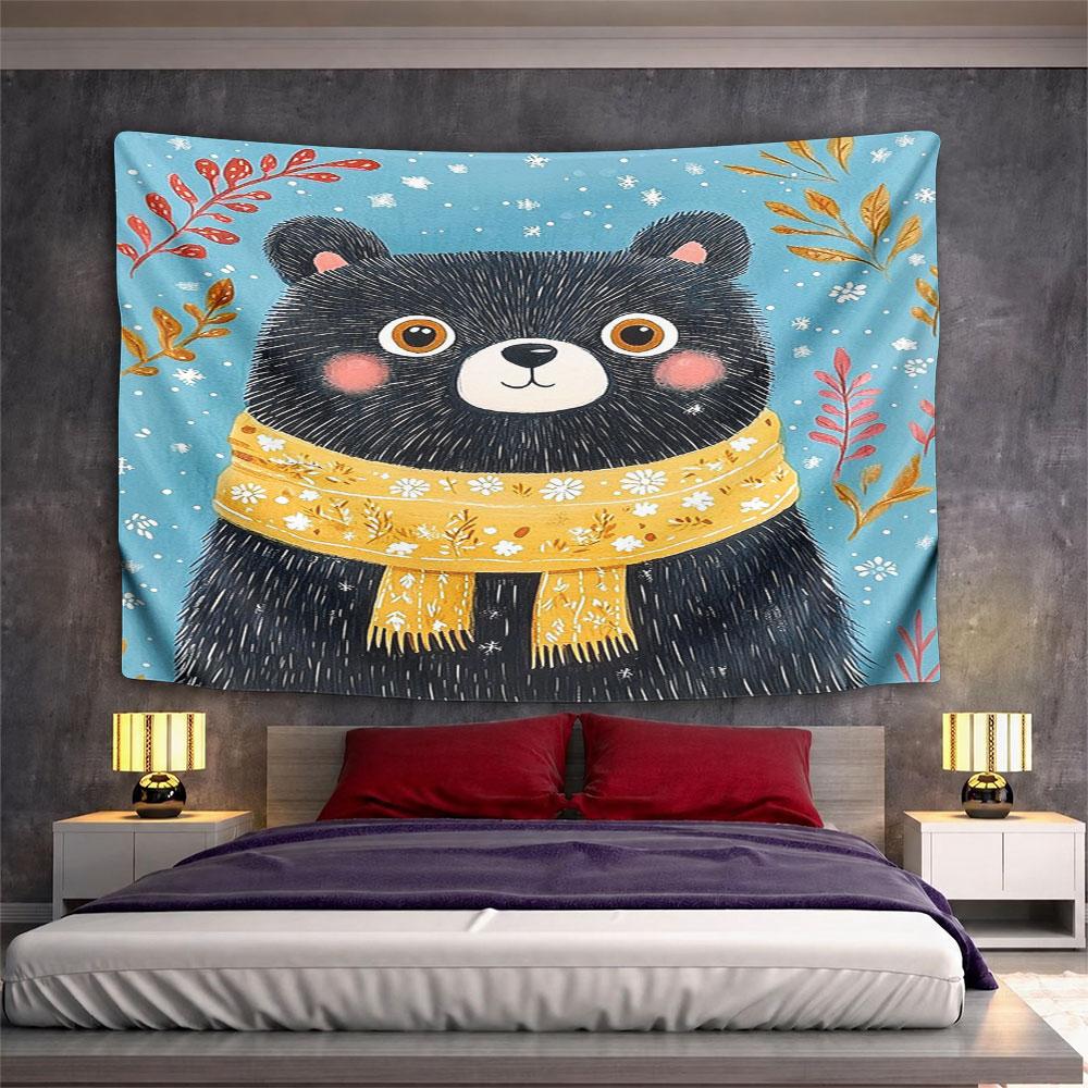 Black Bear with Yellow Floral Scarf Pattern Wall Hanging Tapestry Decorative Tapestry Home Decor for Bedroom and Living Room