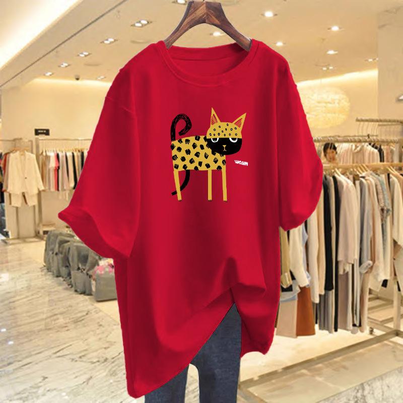 2025 Animal Series Leopard Printed Cotton Crew Neck Loose Women's T-Shirt Short Sleeve Top Bottom Shirt