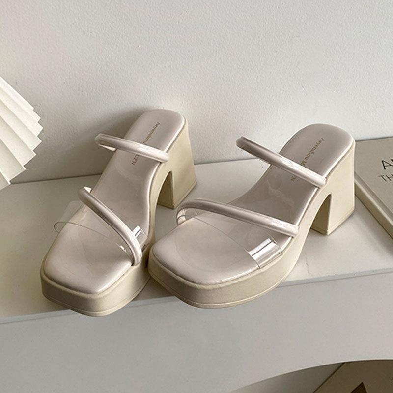 Premium Thick-soled Slippers Women's Summer Outer Wear 2025 New Thick-heeled One-word Drag Transparent High-heeled Fairy Wind Sandals