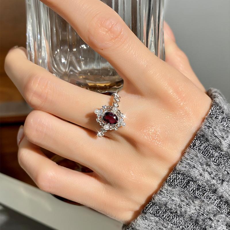 Light Luxury Natural Crystal Stone Bead Opening Ring S925 Sterling Silver Women's Temperament Versatile Snowflake Small Fresh Ring Fashion Gift