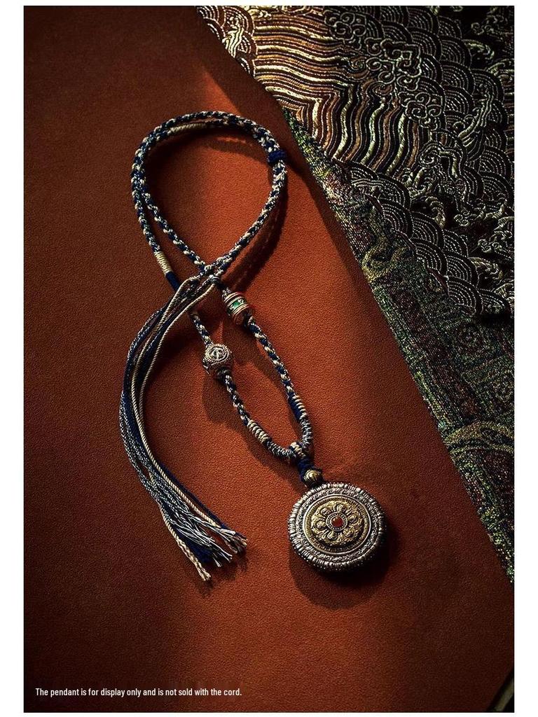 Tibetan Style Woven Thangka Pendant Necklace with Buddha Amulet and Six-Syllable Mantra.