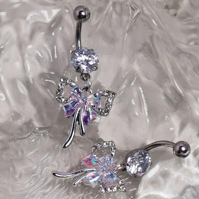 Exquisite Flash Zircon Bowknot Stainless Steel Belly Button Rings For Women  Piercing Navel Rings Sexy Body Jewelry Gifts