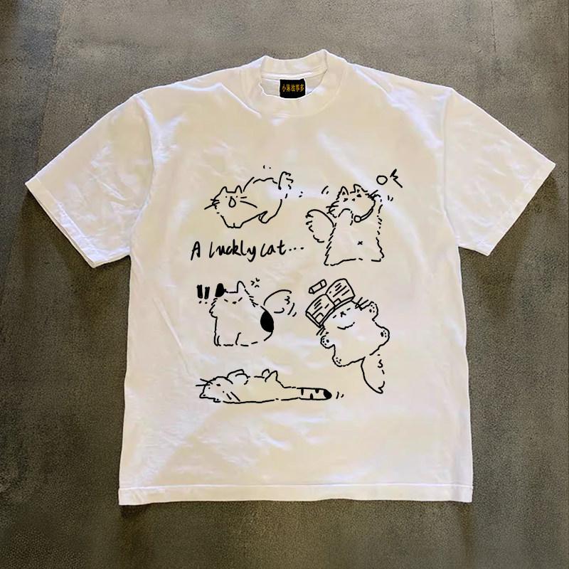 American Retro Playful Cat Print Unisexs And Unisexs Fashion Trend Short Sleeved Summer New Soft Skin Friendly Casual Tshirt