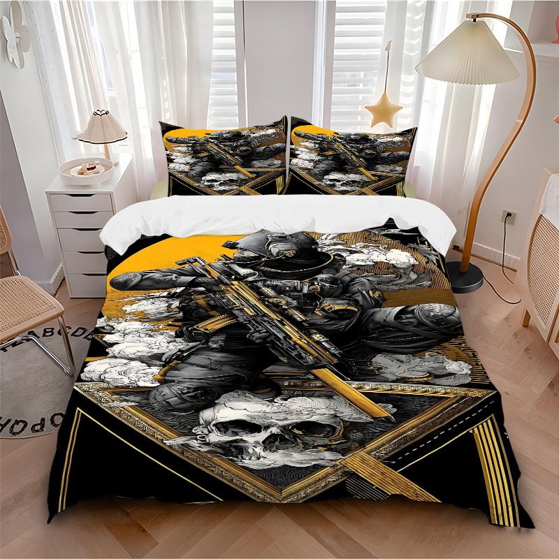 3pcs Golden Skull Tactical Gear Home Decor Bedding Set-Perfect for Bedroom, Guest Room, Living Room, Hotel Use-Ideal Gift for Fans, Traveler