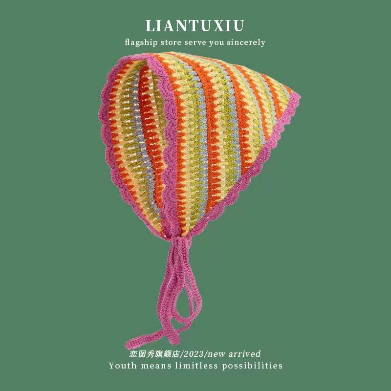 Spring and Autumn Sweet and Cute Wind Handmade Knitted Headband Female Personality Crochet Literary Style Triangle Scarf Headscarf