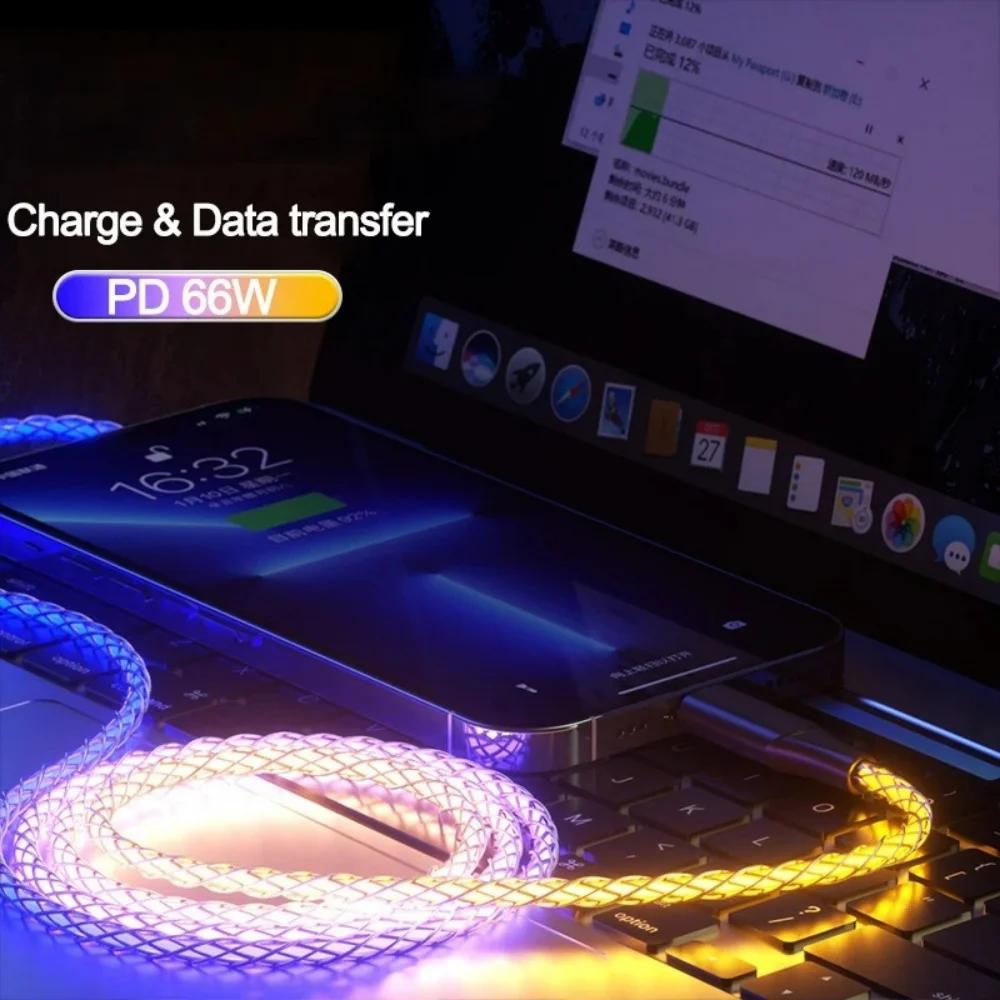 Cablu USB C cu Încărcare Rapidă 6A, Lumină LED RGB, PD 66W, Luminos cu Respirație Gradient, Cablu de Date pentru iPhone 15 16 Pro Samsung 1m