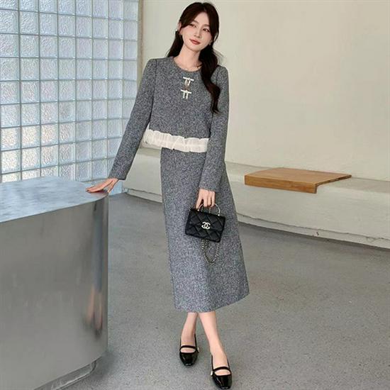 

Комплект из двух предметов: осенняя куртка с рукавами-буфами и оборками и юбка, 2025 Large серый