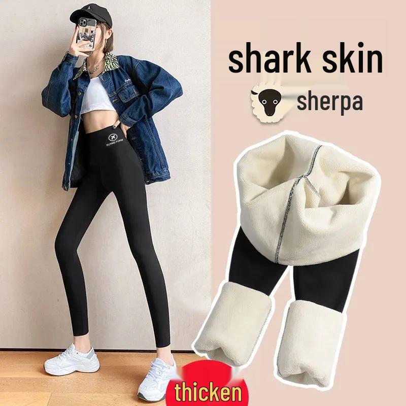 Women's High-Waisted Fleece-Lined Shark Pants - Warm Barbie Yoga Leggings for Autumn/Winter