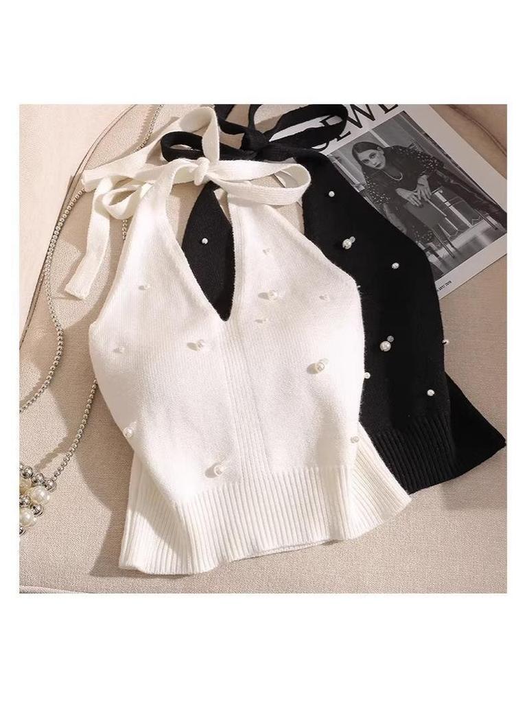 French Beaded Halter Camisole: Slim-Fit, Off-Shoulder, Knit Top for Women - Perfect Summer Wear
