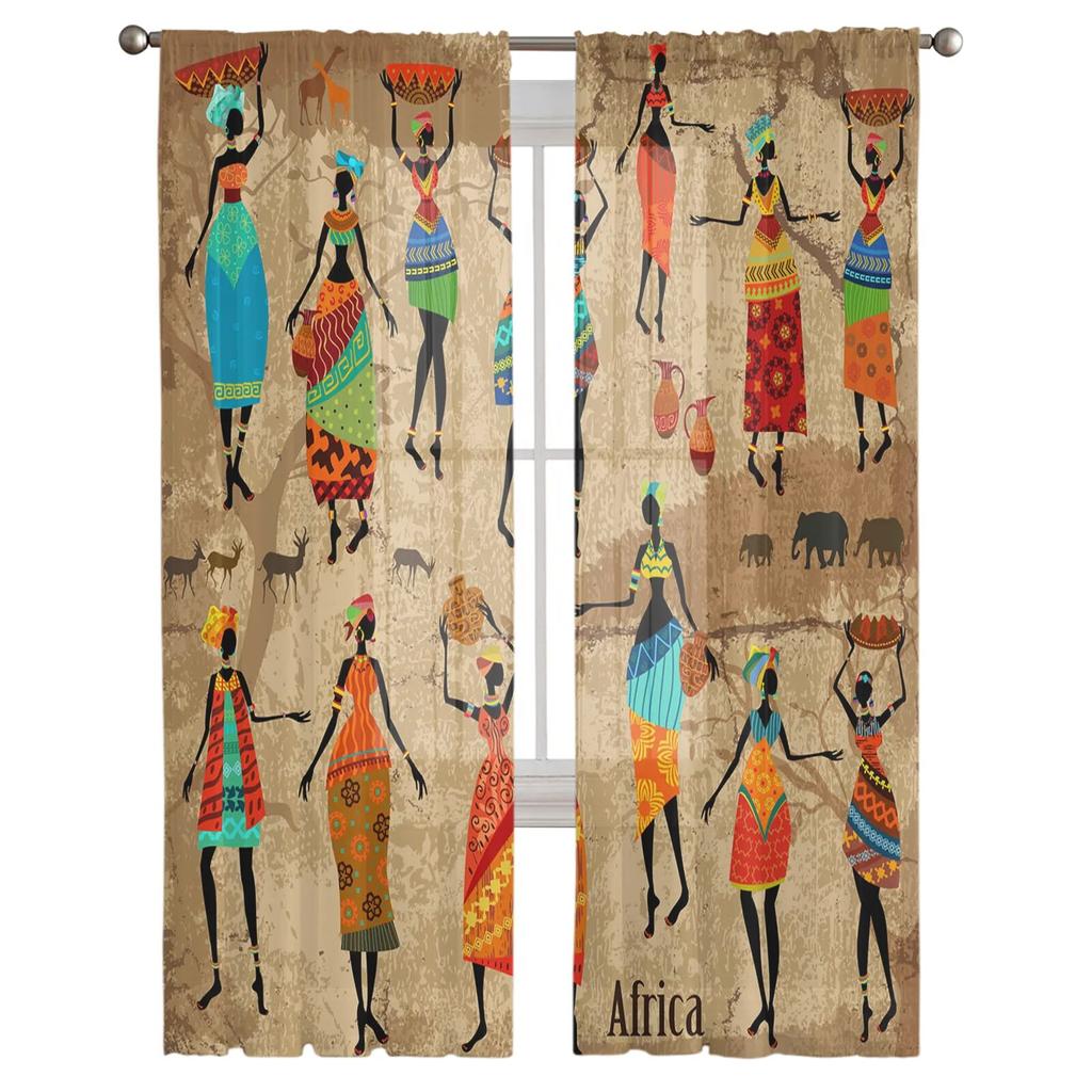 African Woman Dance Culture Vase Modern Tulle Curtains for Living Room Bedroom Home Kitchen Window Sheer Curtains