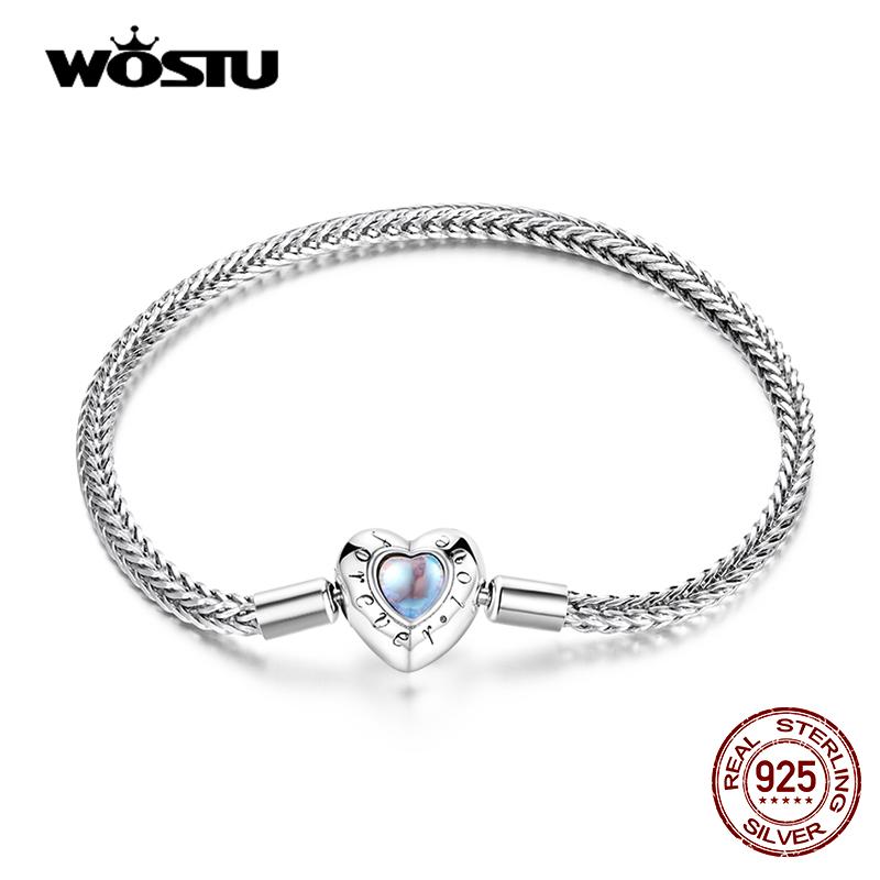 WOSTU 925 Silver Heart Rainbow Moonstone Basic Chain Bracelets Charm Lettering Engrave Forever Love Women's Hand Wrist