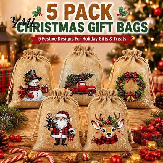 Christmas Craft Supplies Jute Burlap Gift Bags, Drawstring Treat Candy Mini Advent Calendar Bags Bag, Reusable Linen Packaging Pouch for Holiday Party