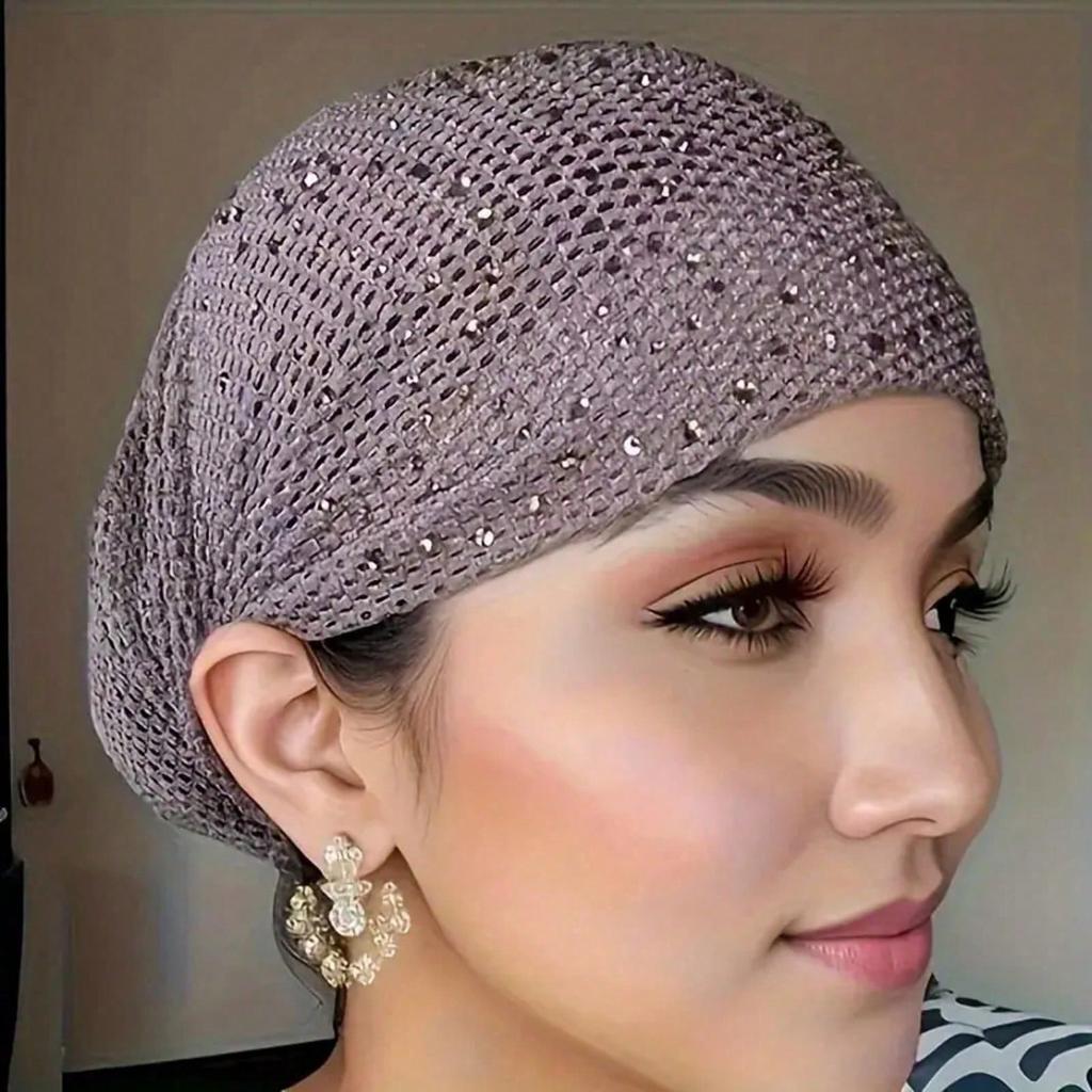 Cappello in Maglia con Strass da Donna, Copricapo Elastico con Strass, Cappello Elastico per Capelli Adatto a Tutte le Età, Cappello in Rete Facile da Trasportare