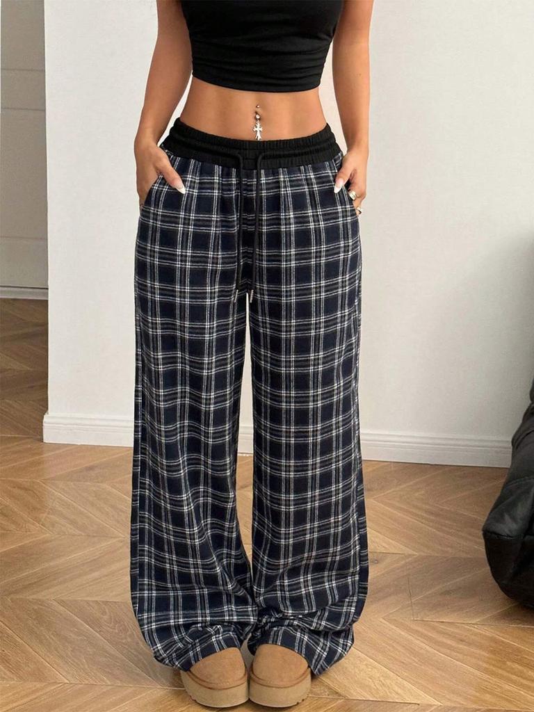 Loose Relaxed Fit Straight Cut Pinstripe Patchwork High Waist Draped Casual Athletic Pants