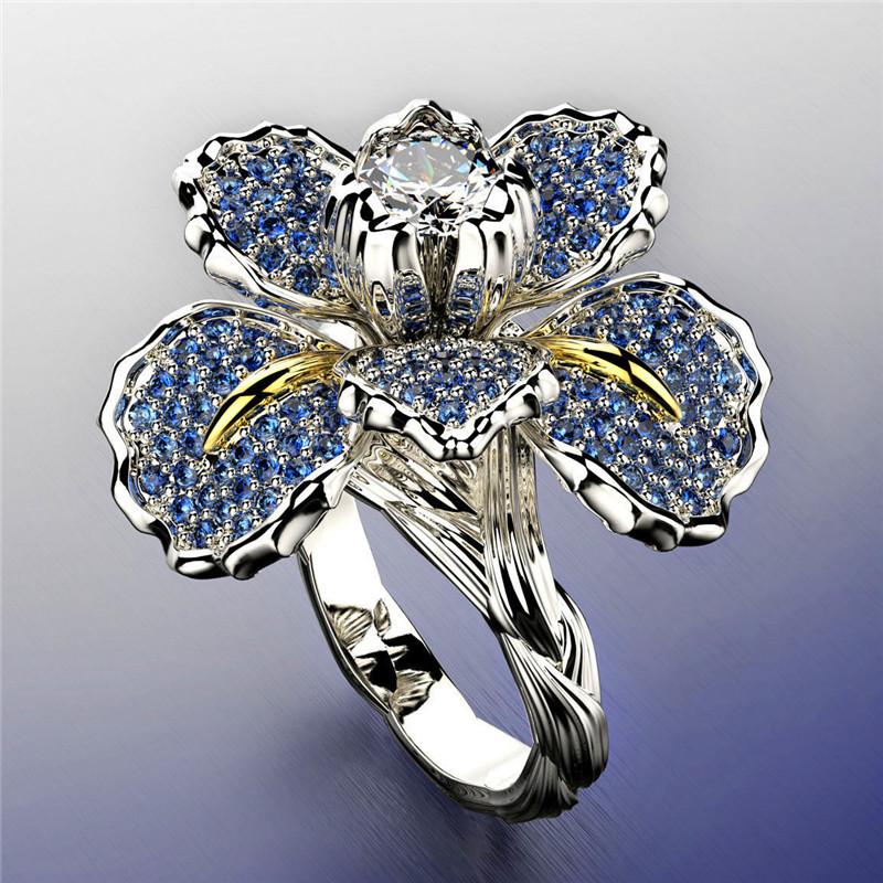Milangirl Luxury Female White Blue Flower Ring Charm Crystal Zircon Stone Engagement Ring Elegant Rings For Women