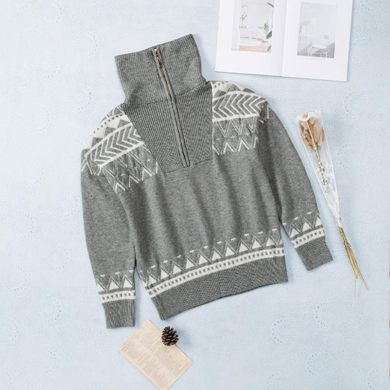 Suéter de Moda Otoño e Invierno para Mujer Cuello Alto Patrón Geométrico Cremallera Manga Larga Holgado Casual Top