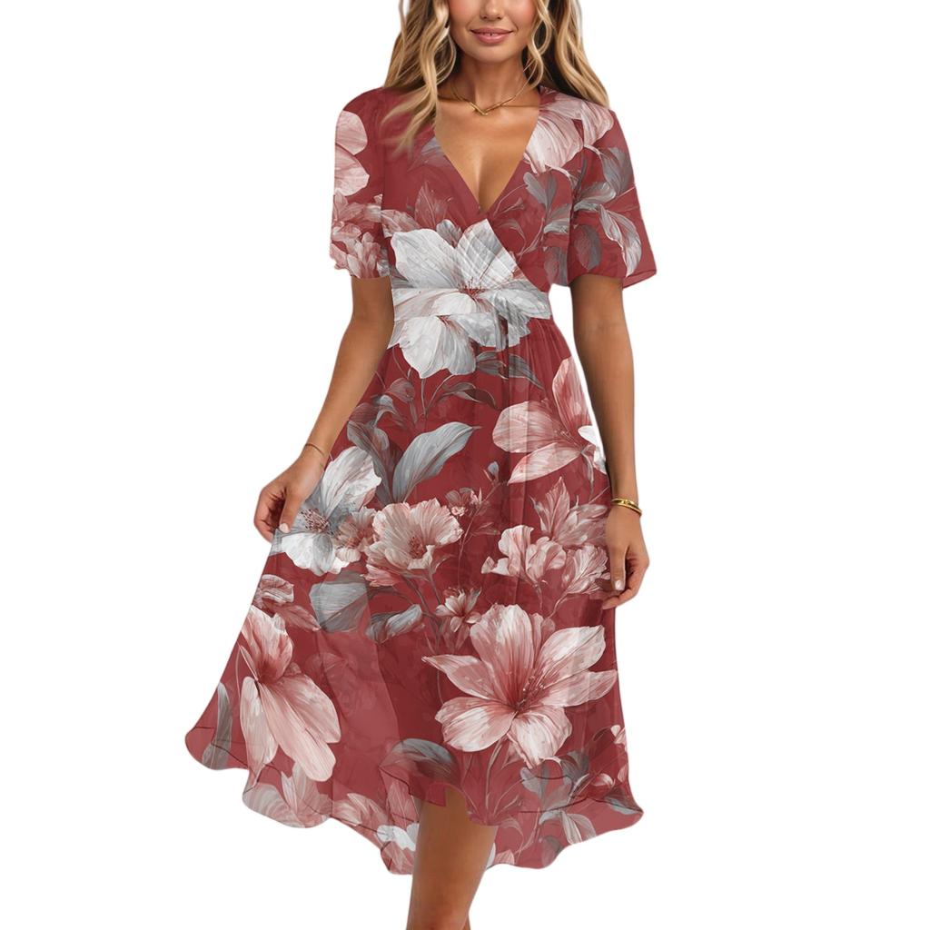 Women's Casual V Neck Short Sleeve Floral Print Dress Lightweight Midi Length Summer Dress with Wrap Style and Flared Hem
