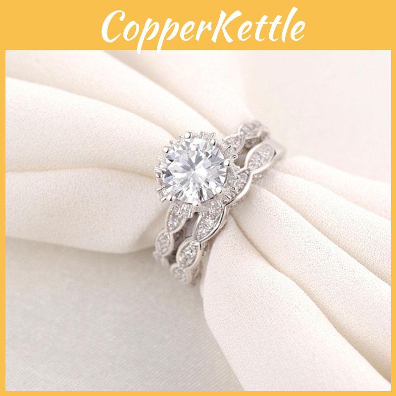Dazzling White Sapphire Crown Ring Set Silver Plated Antique Style For Engagement