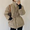Winter Stand-up Collar Cotton Jacket Women Single-breasted Long-sleeved Solid Belt Thick Coat Korean Fashion Pocket Outerwear