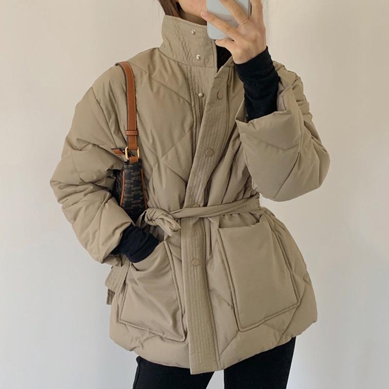 Winter Stand-up Collar Cotton Jacket Women Single-breasted Long-sleeved Solid Belt Thick Coat Korean Fashion Pocket Outerwear