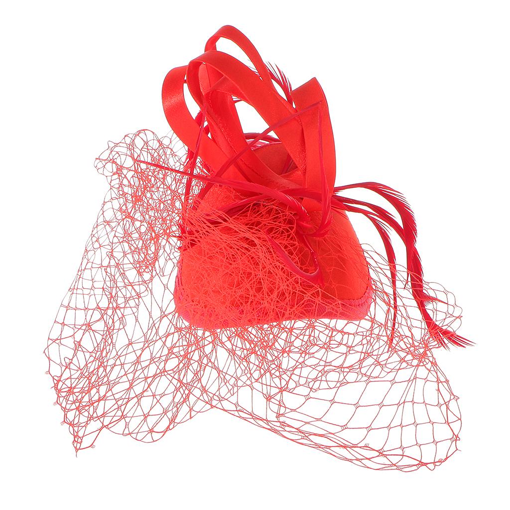 Women Girls Ladies Feather Fascinator Mesh Hairdressing Bridal Hair Clip Wedding Party Accessory Red