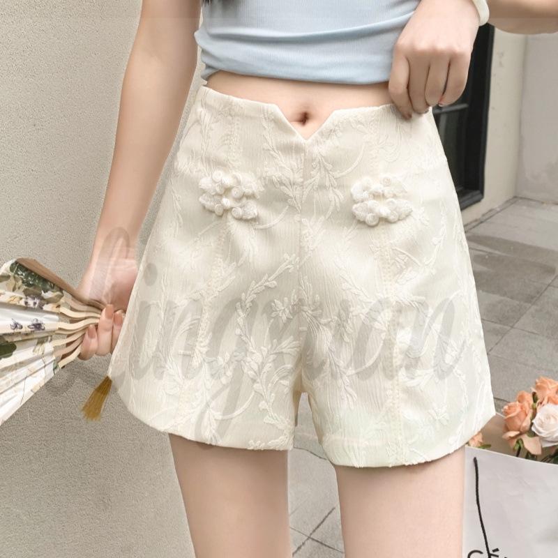 Spring/Summer 2026 New Arrival Chinese Style Jacquard Frog Button High-Waisted Wide-Leg Shorts Medium абрикосовый