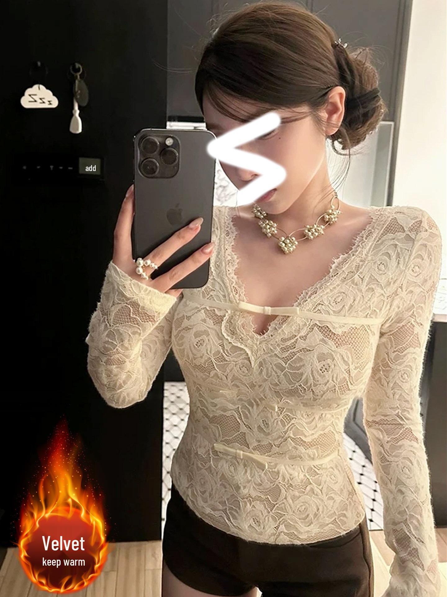 Elegant French Lace V-neck Bowknot Blouse | Long Sleeve Velvet Top for Women S