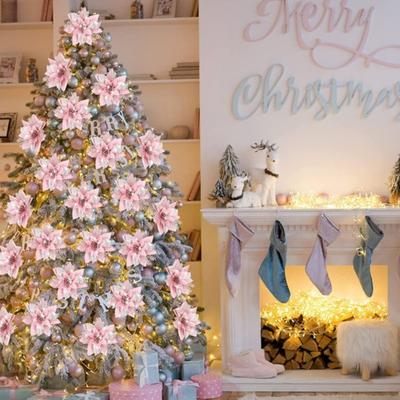 12 Stück glitzernde Weihnachtssterne, Weihnachtsschmuck mit Clips, Stielen, künstliche Blumen für Weihnachtsbaum, Hochzeitsfeier, Kranzdekoration