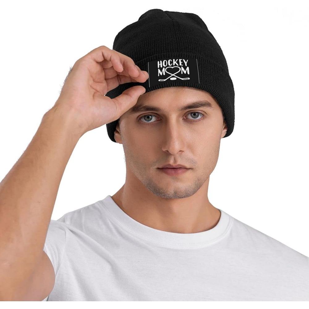 Winter Knit Hat Cap for Unisex Women, Hockey Mom Heart Daily Beanie Hat Unisex Warm Cuff Ski Skull Caps Black