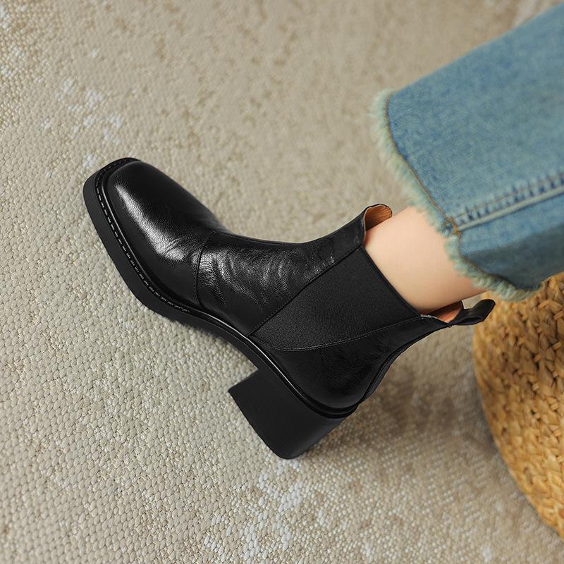 French thick heel high heels short boots women's spring and autumn single boots black boots square head chelsea boots