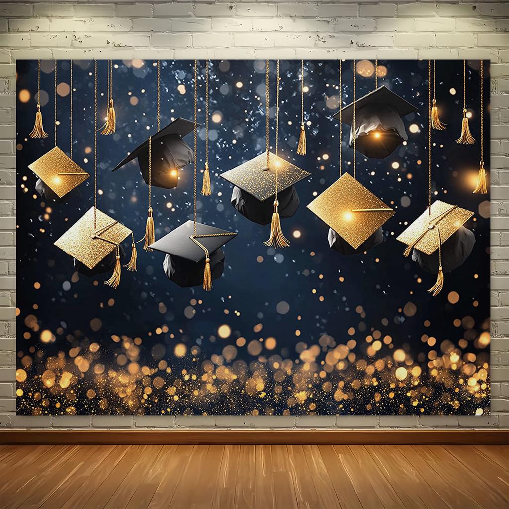 A gold and black background, decorated with a graduation hat, is elegant and complex, suitable for graduation celebrations