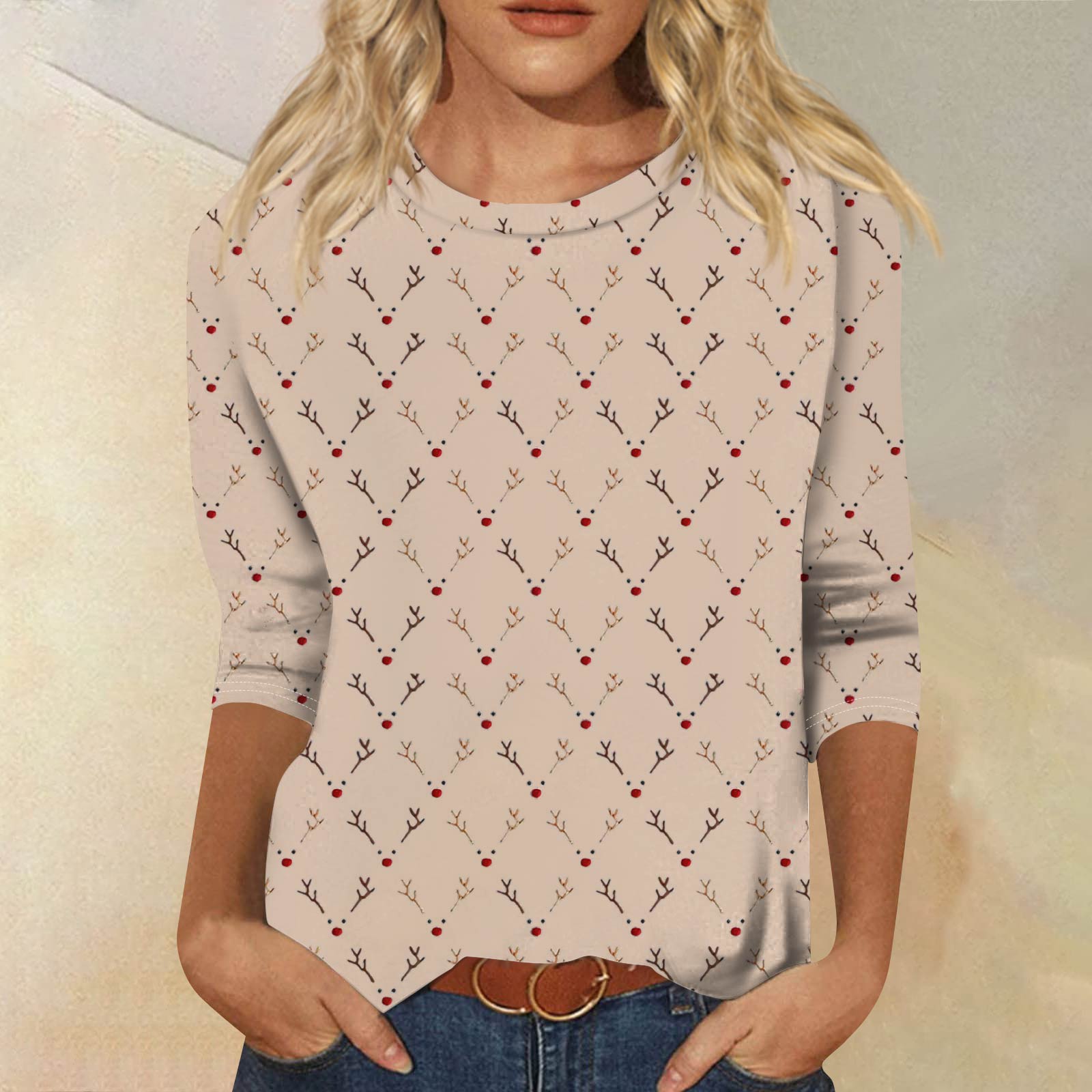 

Women s Fashionable Casual Three-Quarter Sleeve Halloween Print Round Neck Top L бежевий