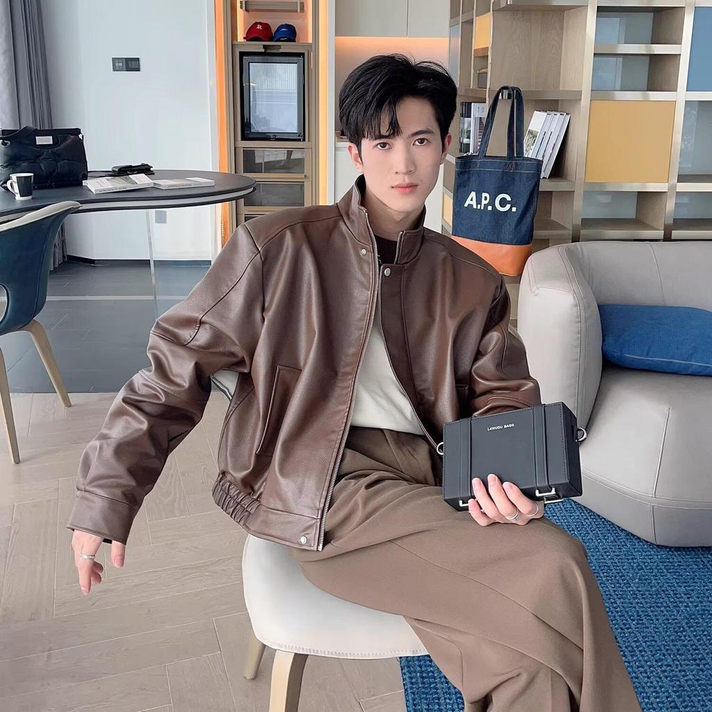 Hong Kong Retro Stand Collar PU Leather Jacket: Men's Trendy, Loose, Padded Shoulder, Motorcycle Style for Spring and Autumn.