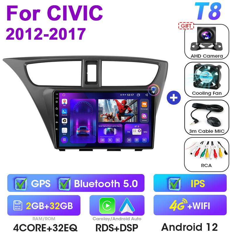 2 Din Android 12 Car Radio For Honda CIVIC Hatchback 2012 -2017 Multimedia Video Player GPS 4G Carplay Auto Stereo RDS Head Unit