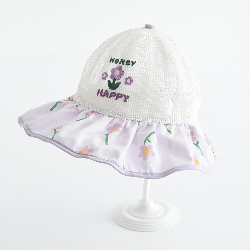 Kids' Embroidered Floral Mesh Bucket Hat - Breathable Outdoor Sun Hat for Students