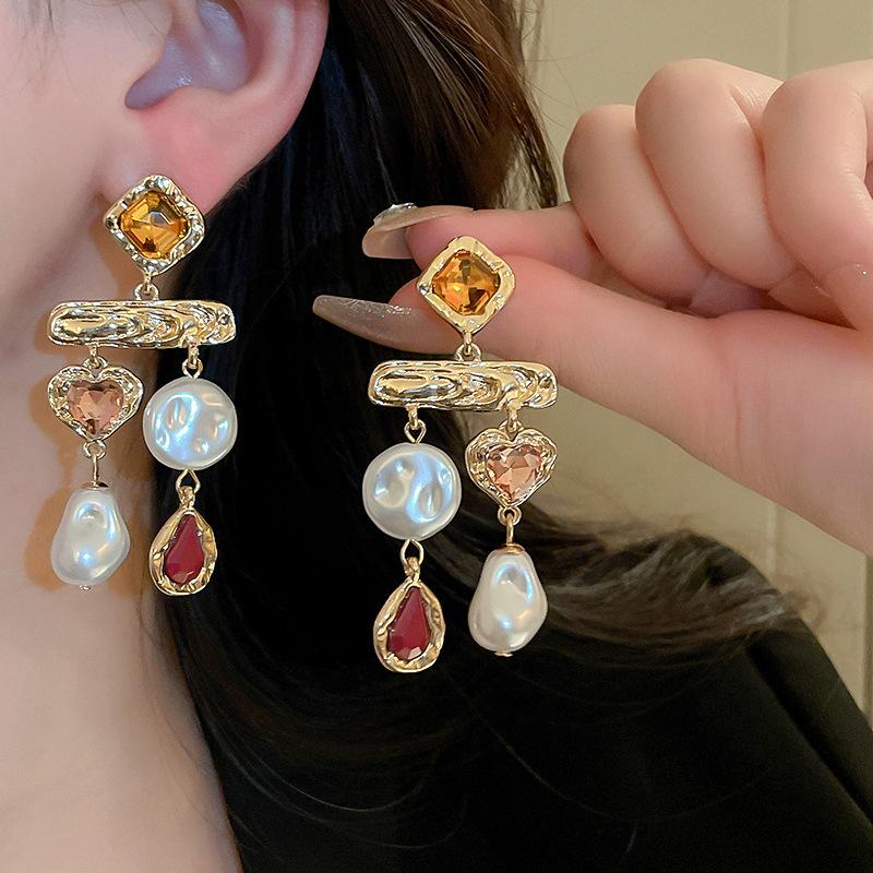 ZAKOL Inlaid Rhinestone Asymmetrical Zircon Earrings for Women Palace Style Retro Fringe Drop Earring Exaggerated Party Zircon