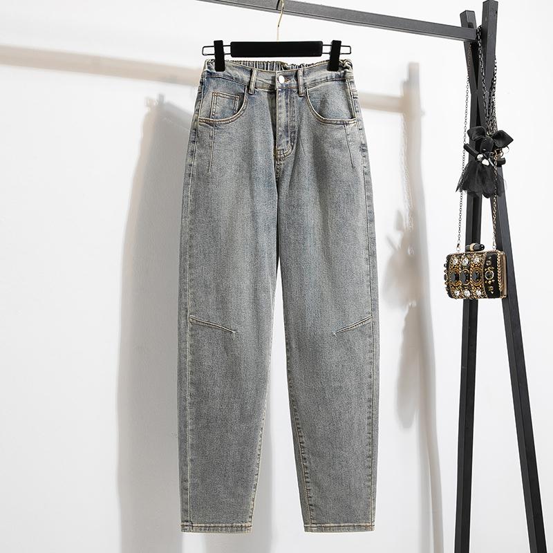 

Dimanaf 2025 Весенние джинсы большого размера, длинные шаровары, женские синие повседневные эластичные базовые брюки с высокой талией 5XL 5XL светло-синий