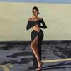 "2024 Women's Long-Sleeve V-Neck Slit Maxi Dress with Two-Piece Suit for Summer and Autumn"