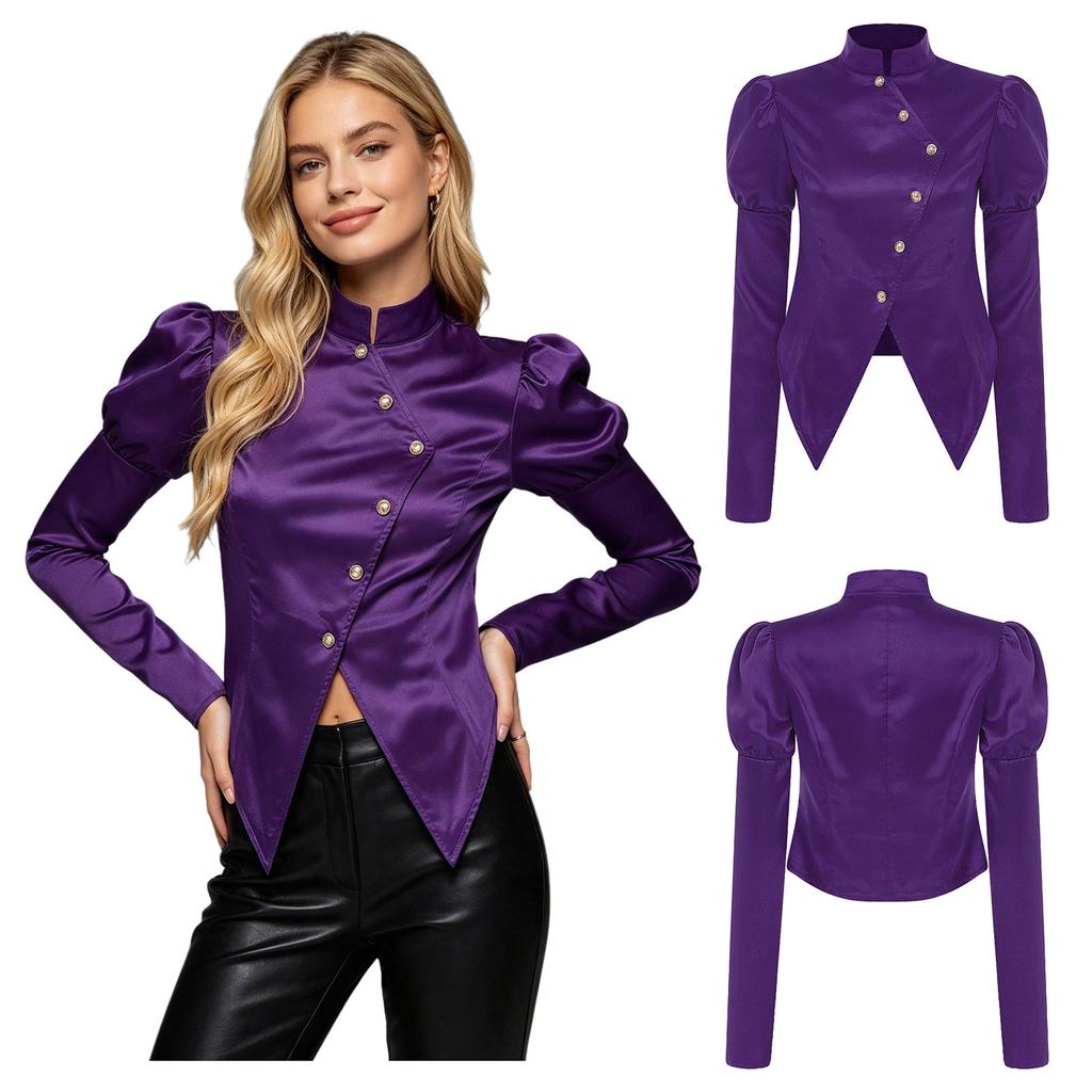 Women Victorian Blazer Stand Collar Long Puff Sleeves Button Satin Jacket Asymmetrical Blouse for Office Business Casual Theme Party
