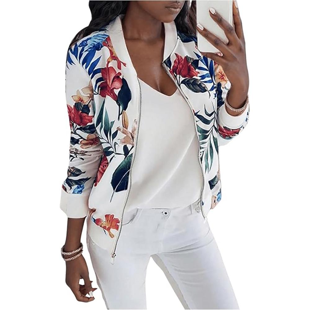 Women's Baseball Jacket Floral Long Sleeve Zip Up Baseball Bomber Jacket Coat